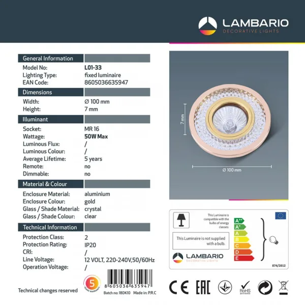 Луна за вграждане LAMBARIO L01-33