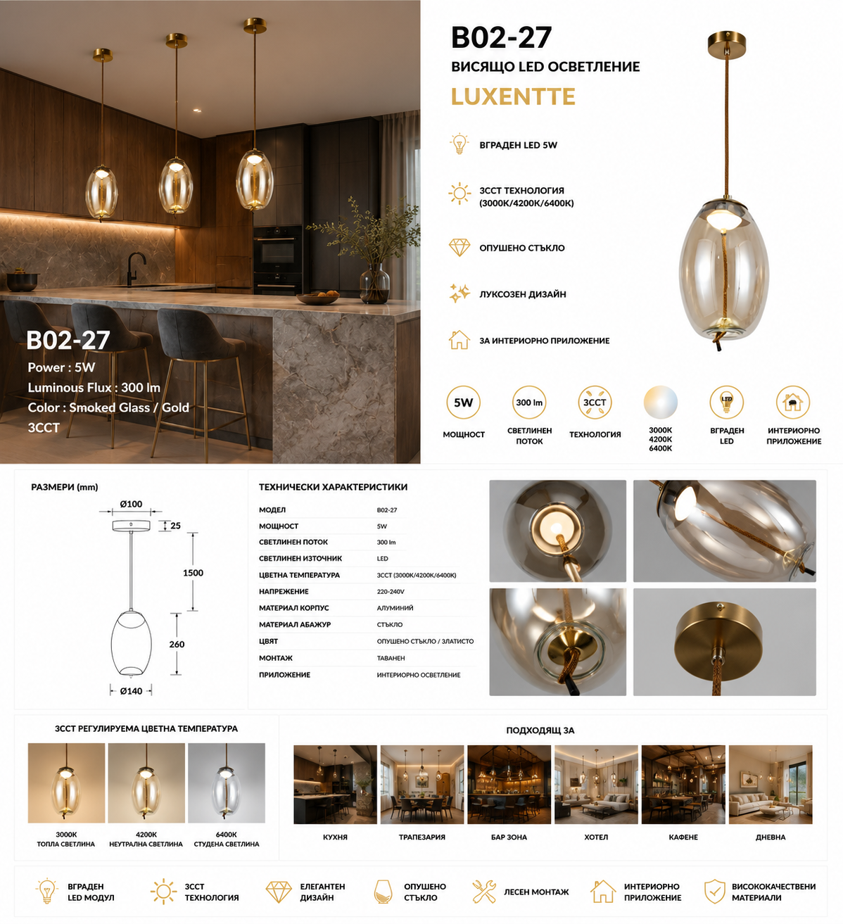 Висящо осветление LUXENTTE Опушено стъкло 5W LED 3CCT B02-27