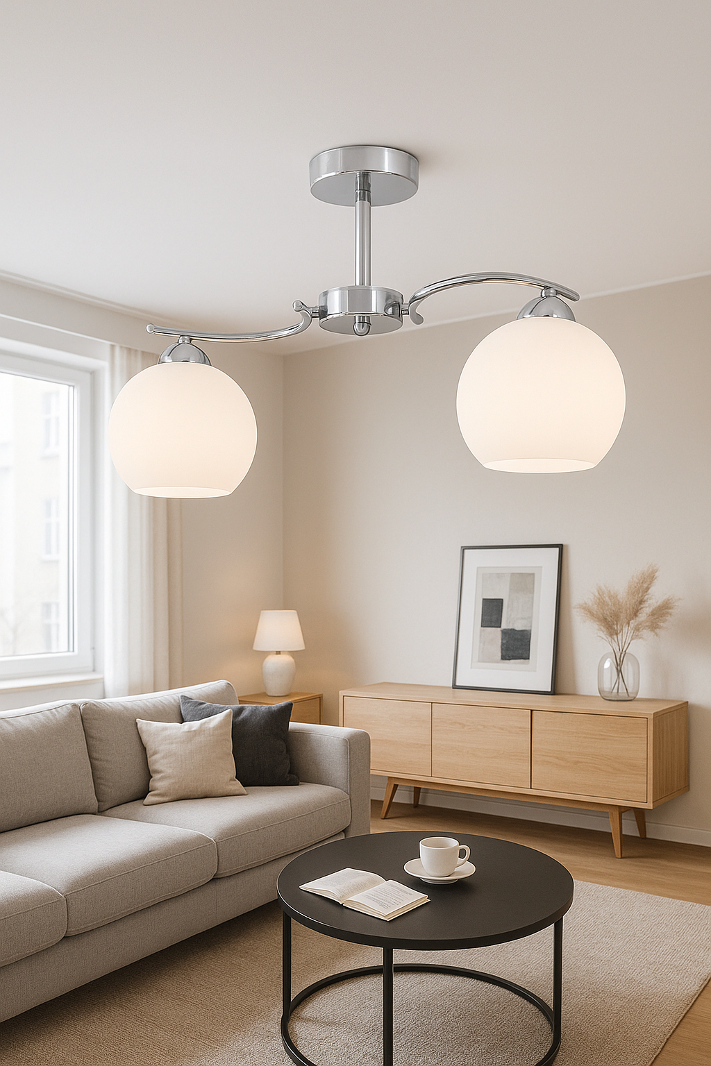 Плафон хром със стъклени бели сфери 2xE27 – KMP1270