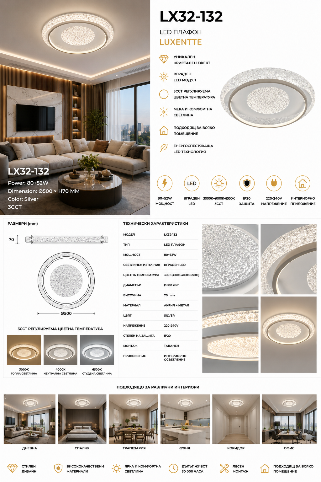 Плафон LED LUXENTTE Сребрист Ø500 132W 3CCT LX32-132
