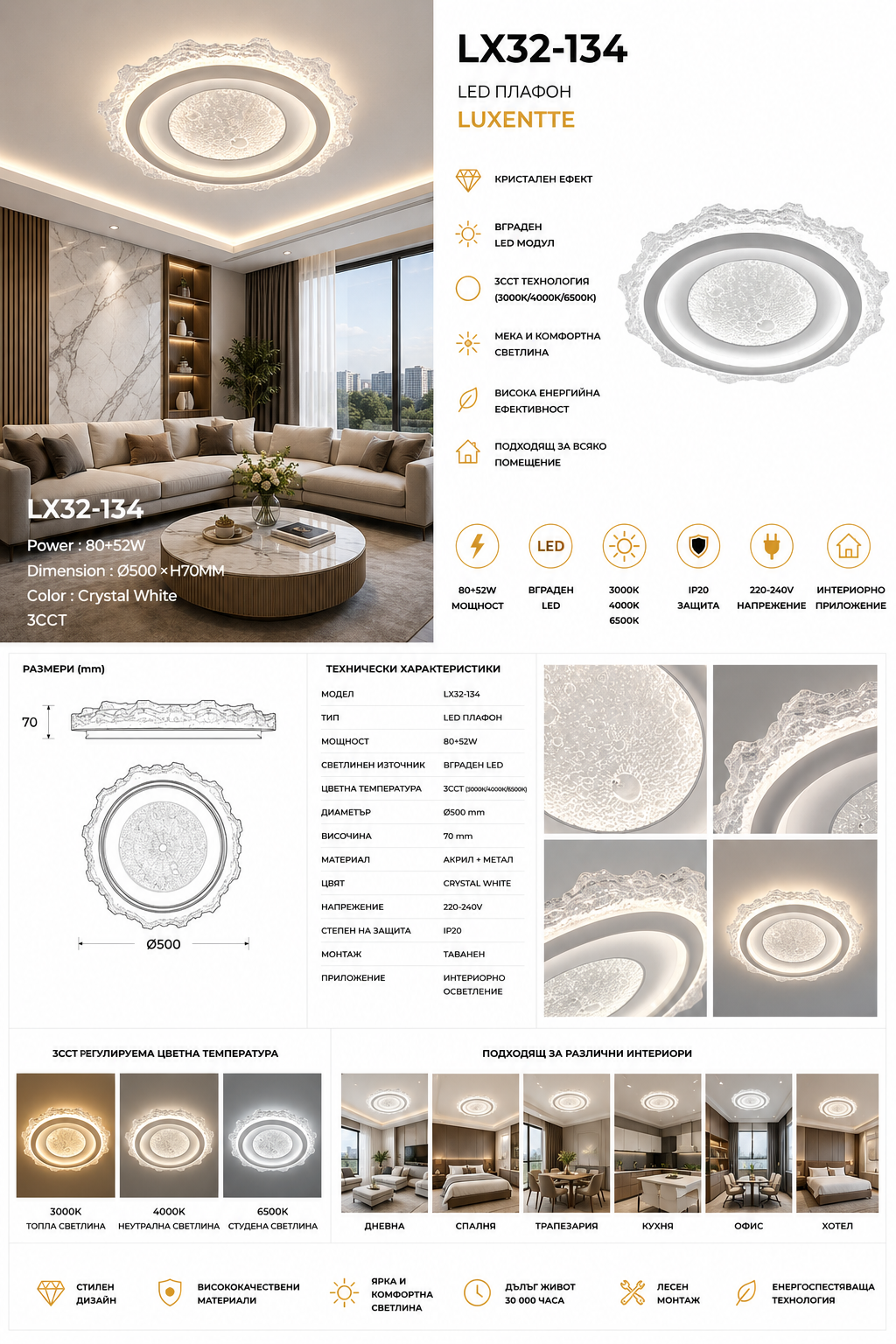 Плафон LED LUXENTTE Кристален Ефект Ø500 132W 3CCT LX32-134