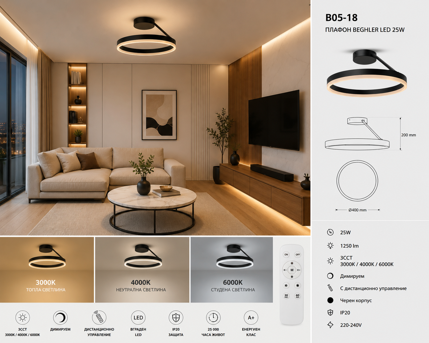 Плафон BEGHLER LED 25W Ø400 3CCT Димируем B05-18