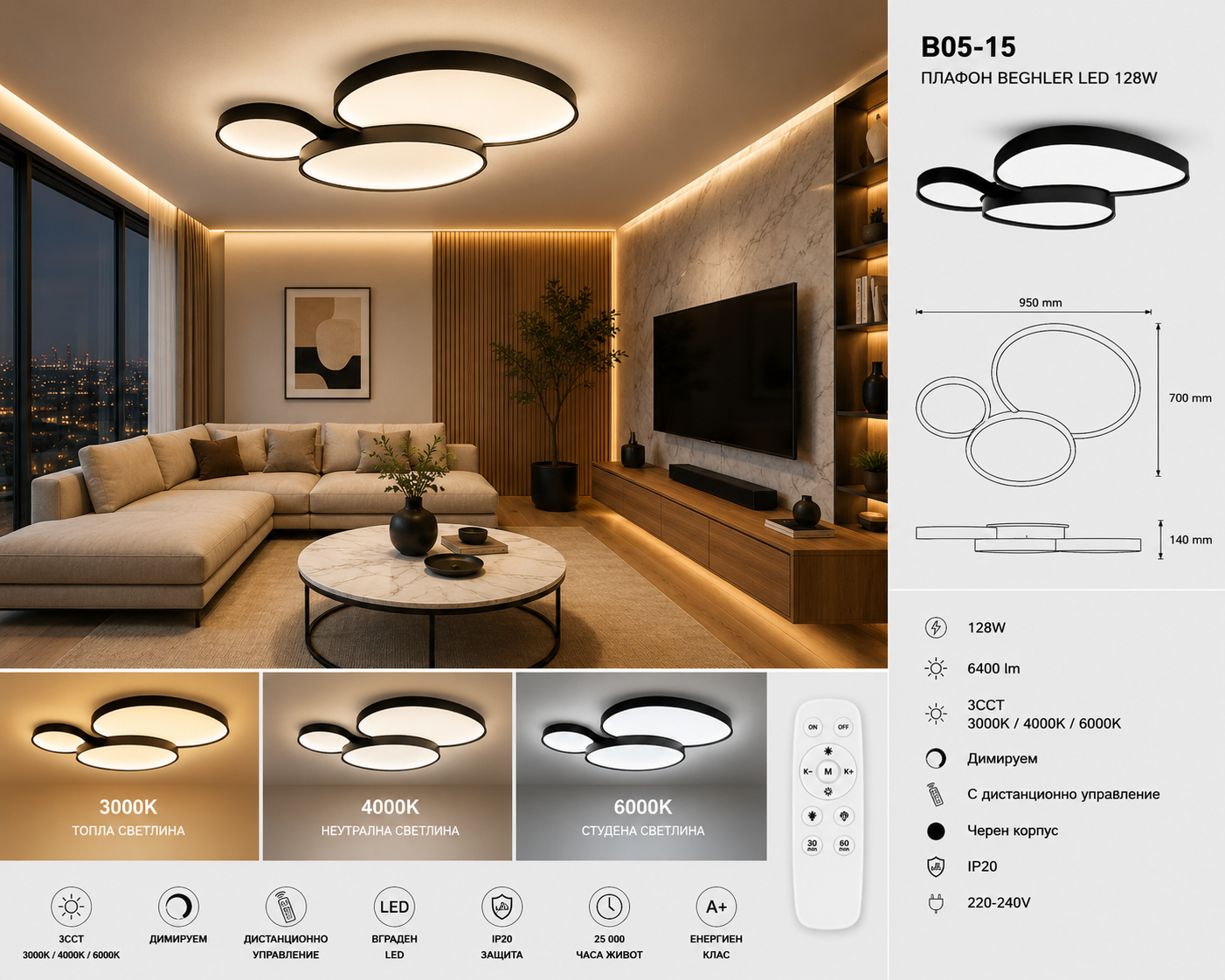 Плафон BEGHLER LED 128W 950x700 mm 3CCT Димируем B05-15
