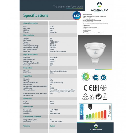 LED крушка LAMBARIO MR16 GU5.3 7W 3000K 550lm LA26-00550