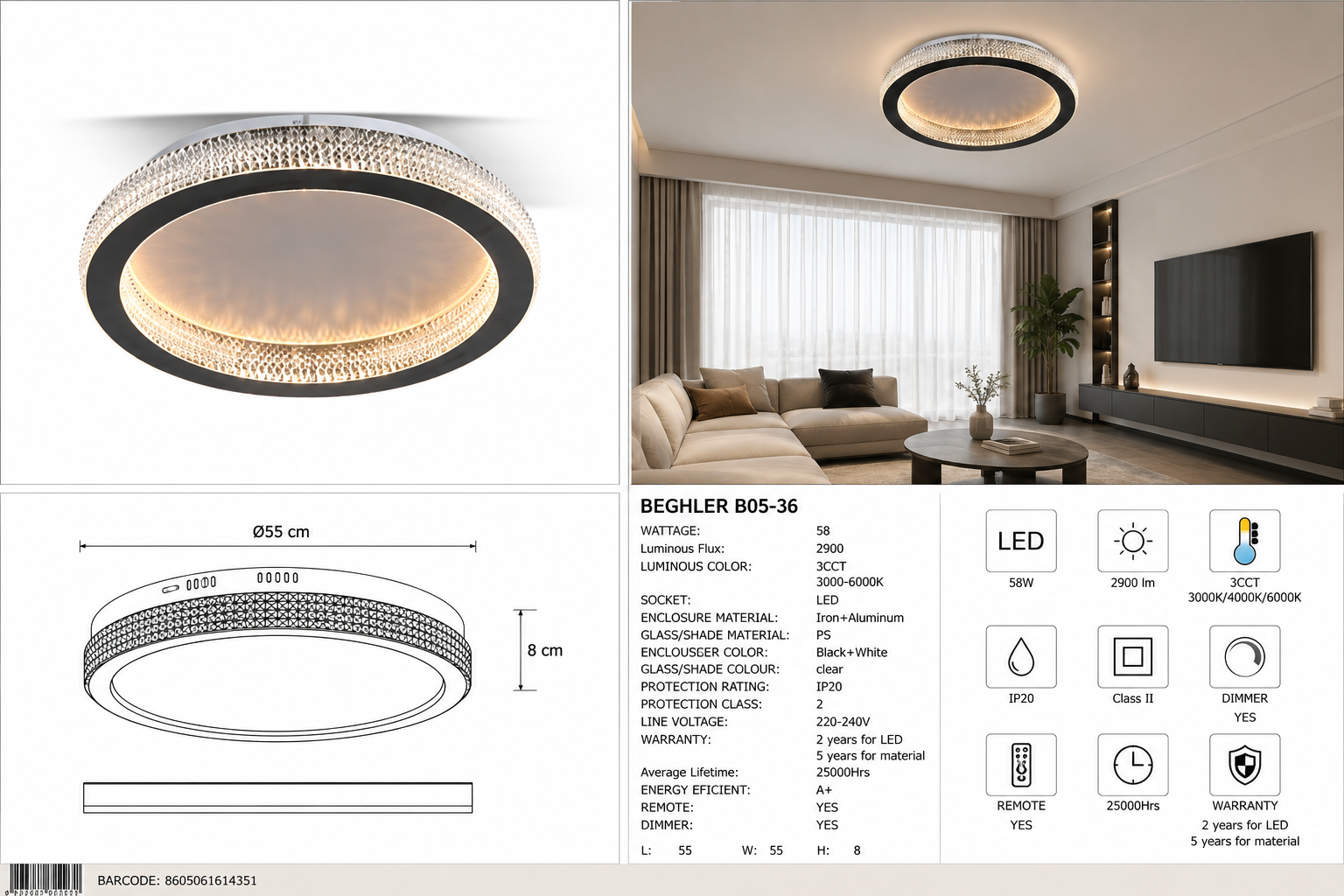 LED плафон 58W 3CCT димируем с дистанционно BEGHLER B05-36