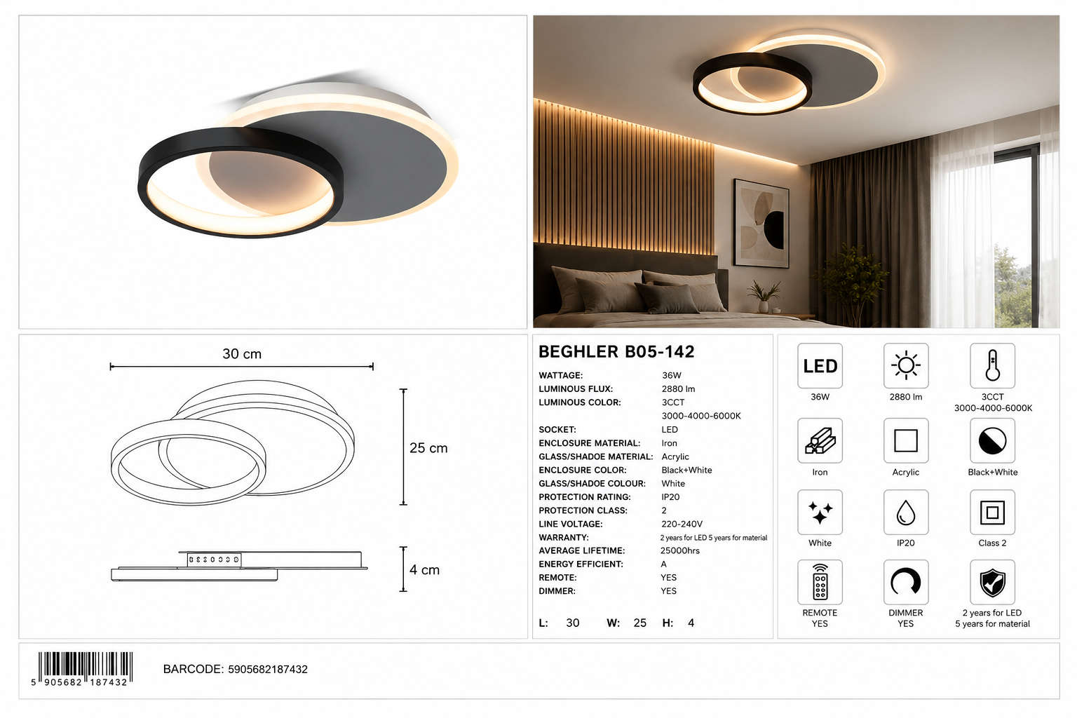 LED плафон CCT 26W 1300 lm димируем с дистанционно управление BEGHLER B05-142