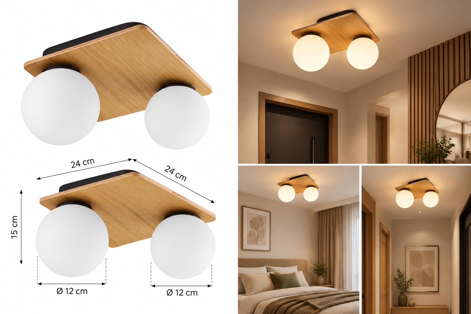 Плафон с дървена основа и 2 бели стъкла TK Lighting BIANCA WOOD 2xG9 – TK4541