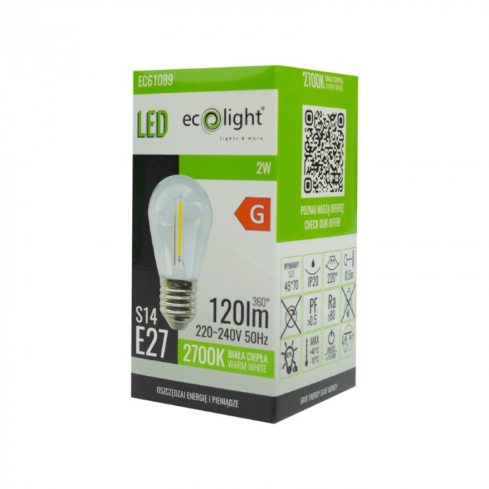 LED крушка Filament S14 2W 2700K E27 ECOLIGHT EC61089