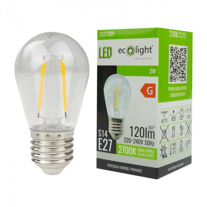 LED крушка Filament S14 2W 2700K E27 ECOLIGHT EC61089